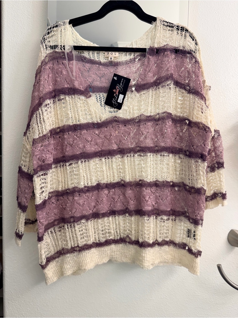 POL Open-Knit Striped Top in Cream and Lavender